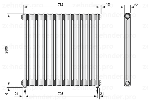Схема (чертеж) Радиатор Zehnder Charleston 2280/17 №3570 Белый глянцевый RAL 9016